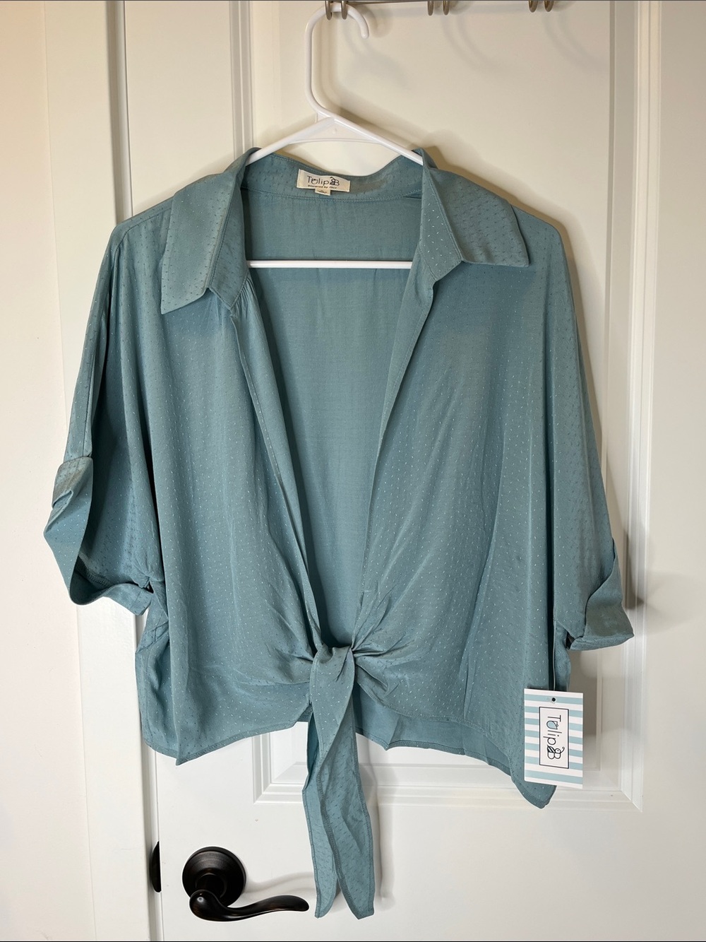 Tulip 28 Dusty Teal Tie-Front Button Down Shirt